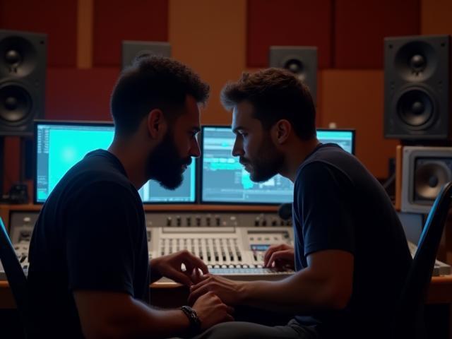 Two audio engineers collaborating intently in a professional studio environment