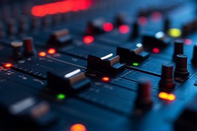 Close-up of an audio mixing console with multiple faders and knobs