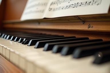 Close-up of piano keys with sheet music resting on the music stand
