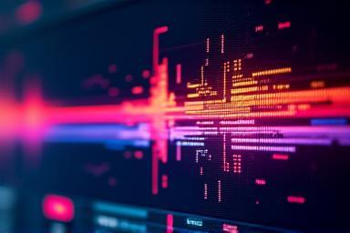 Abstract visualization of sound waves and audio tracks on a computer screen