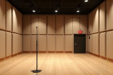 Empty recording studio live room with acoustic treatment and microphone stand