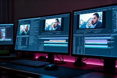 Multiple computer monitors displaying professional video editing software interfaces