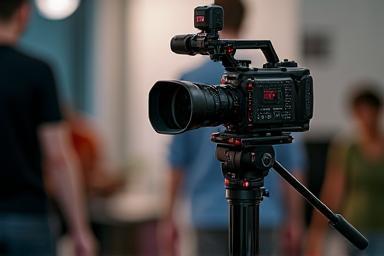Professional video camera on a tripod during an indoor filming session