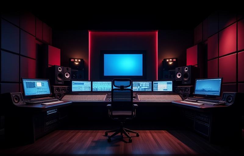 Wide view of the studio control room featuring a large format mixing console and multiple monitors