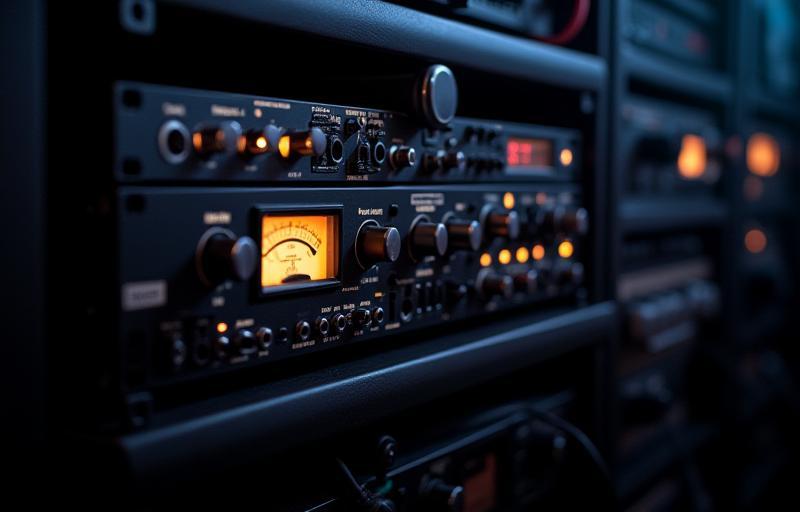 Close-up shot of professional audio rack gear including preamps and compressors