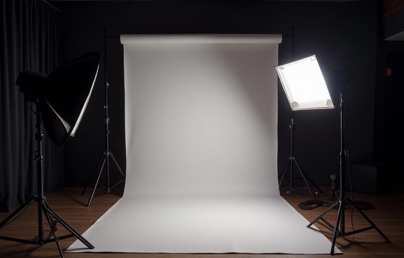 View of lighting equipment and a backdrop setup in a video production area