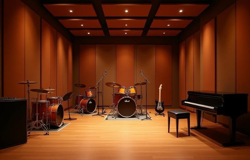 Acoustically treated live recording room with various instruments like guitar and drums visible